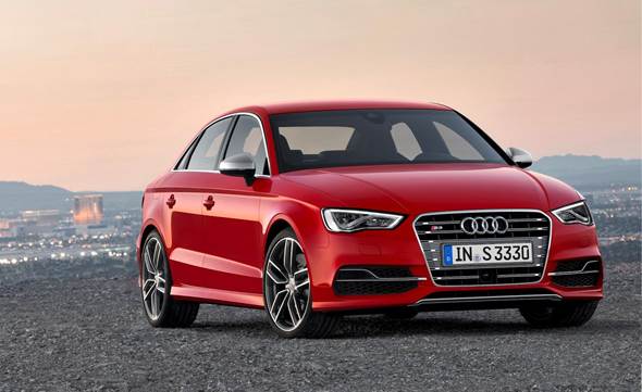 The Audi S3 also includes special design touches such as sportier bumpers, silver mirror caps, restyled side sills, and a matte-gray, chrome-framed grille with split horizontal bars.