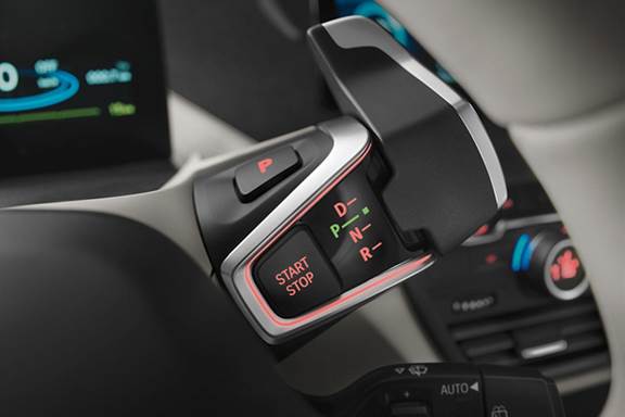 Drive selector stalk is oversized and chunky, an ergonomic ode to i3's proper BMW status