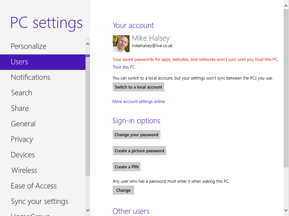 Managing user accounts in PC Settings