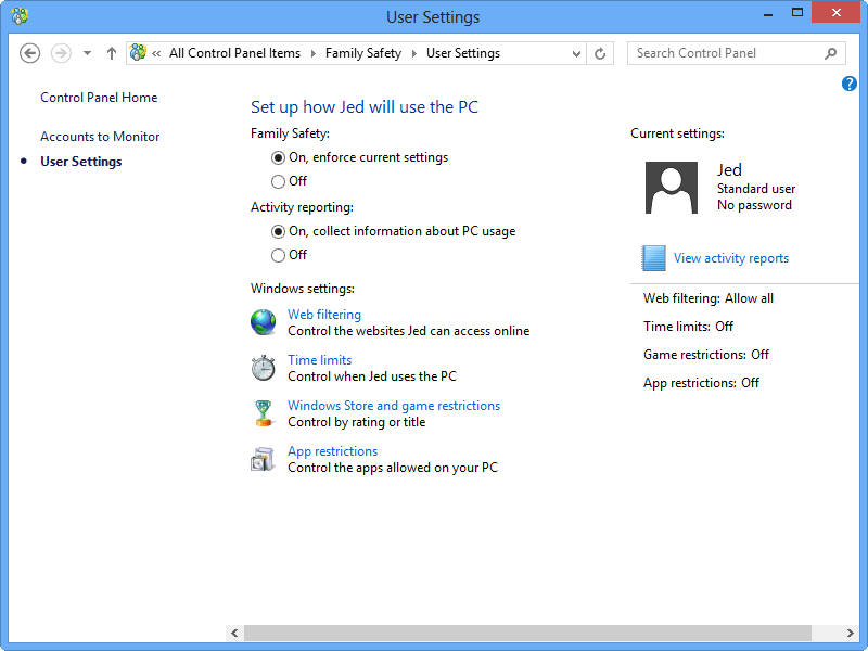 The Family Safety in Windows 8