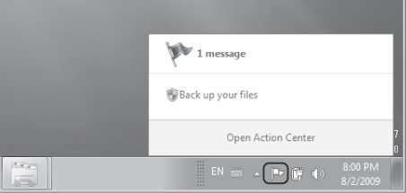 The Action Center displays a flag in the Notification Area.