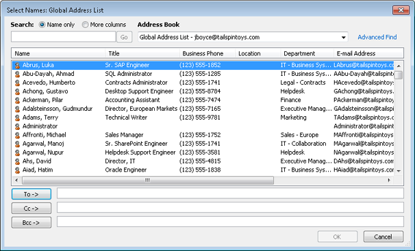 The Select Names dialog box displays addresses from the available address books.