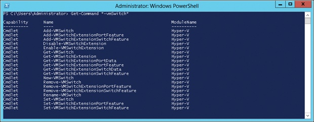 Displaying all PowerShell cmdlets for managing virtual switches.