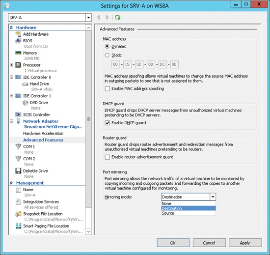 Configuring advanced features for network adapter settings for a VM.