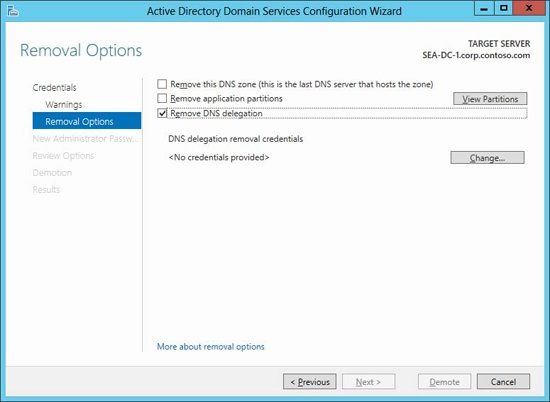 Options for removing the DNS zone and application partitions when demoting the last domain controller in a domain.