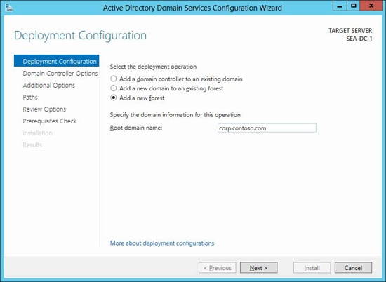 Deploying the first domain controller for a new forest using the AD DS Configuration Wizard.