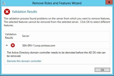 You must demote a domain controller before you can remove the AD DS role from it.
