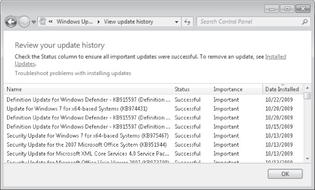 Reviewing an update history with the Windows Update tool