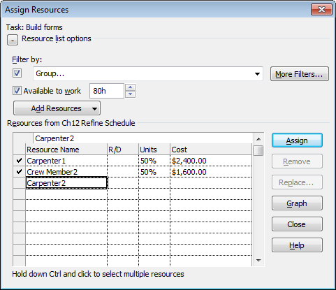 To look for expensive resources to replace, scan the Resources table’s Cost cells. For help finding less expensive resources, display the Resource Sheet (choose View→Resource Views→Resource Sheet). You can filter the Resource Sheet to find resources in the same work group (click the down arrow next the Group column heading and then choose “Group on this field”) or sort by the resource rate (click the down arrow next to the Standard Rate column heading and then choose Sort Ascending). When you find the resource you want, return to your task-oriented view to replace the resource.