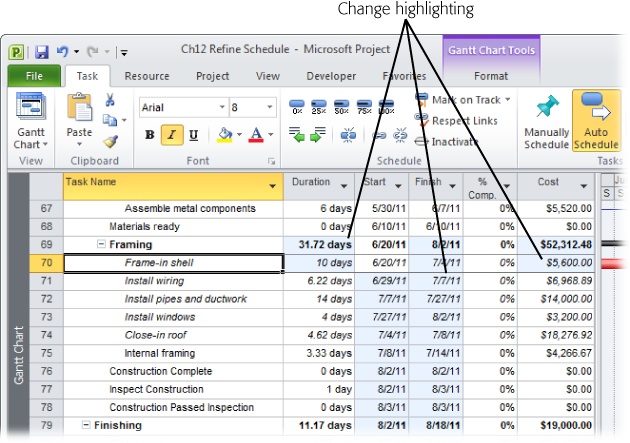 Change highlighting shades cells affected by the last task edit. Project considers all changes you make in a Task Form before you click OK as one edit. So to make the most of change highlighting, make all of your changes in the Task Form at the same time. As soon as you click OK, change highlighting shows the results.