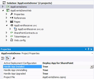The property sheet for an app project provides Boolean properties for enabling lifecycle events.