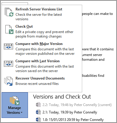 A screenshot of the Manage Versions menu on the Word Backstage view.