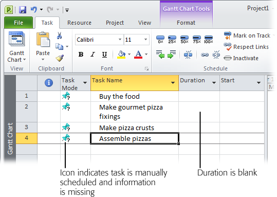 Project leaves the duration blank because the tasks are created in manually scheduled mode. The pushpin with a question mark icon in the Task Mode cell tells you that information is missing. When you’re ready to commit to how long a task should take, simply type the duration in the Duration cell (as described on page 74).