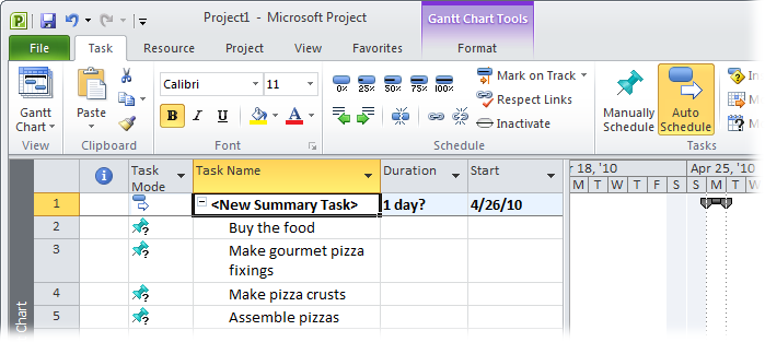 Summary tasks help group your work into logical chunks and make the big-picture view emerge from the details. What’s more, Project calculates the dates, duration, and other values for summary tasks from the totals of their subordinate tasks (although you can’t see that helpful feature this early in the process).
