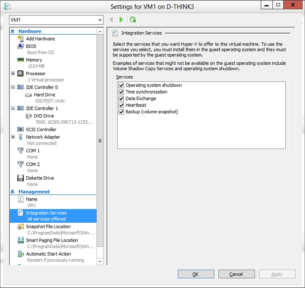 The Integration Services options shown for each virtual machine