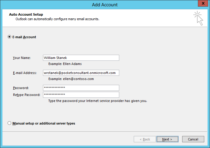 A screen shot of the Auto Account Setup page, showing creation of an email account.
