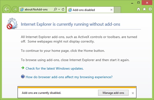 Internet Explorer running with no add-ons enabled