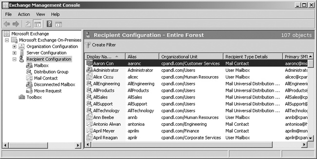 Access the Recipient Configuration node to work with mailboxes, distribution groups, and mail contacts.
