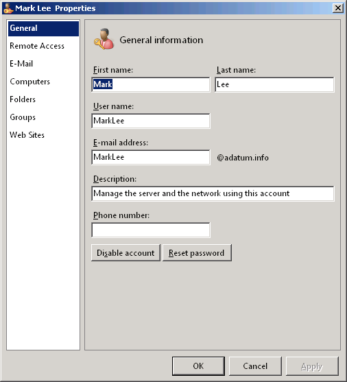 The Properties sheet for a Windows SBS 2011 user object.