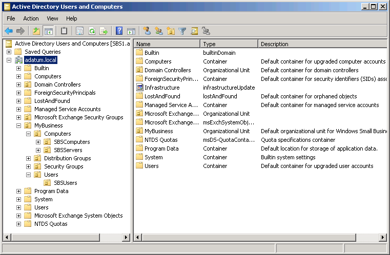 The Active Directory Users And Computers Console, in Advanced Features mode.