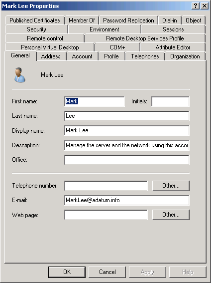 The Properties sheet for a user object in the Advanced Features mode of the Active Directory Users And Computers Console.