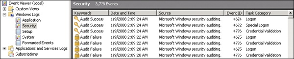 Authentication events in the Security log