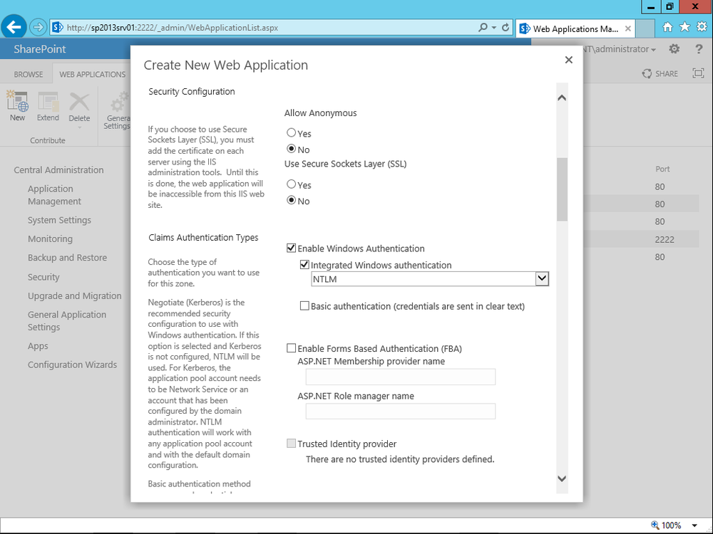 A screen shot of the options available in the UI of SPCA for configuring authentication methods while creating a new web application. It includes a set of check boxes for choosing Windows Authentication, FBA, and a trusted identity provider.