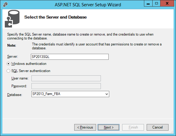 A screen shot of the Select The Server And Database page of the wizard for creating a Membership and Role Provider back-end database. There are fields to configure the database server, authentication method, and target database name.