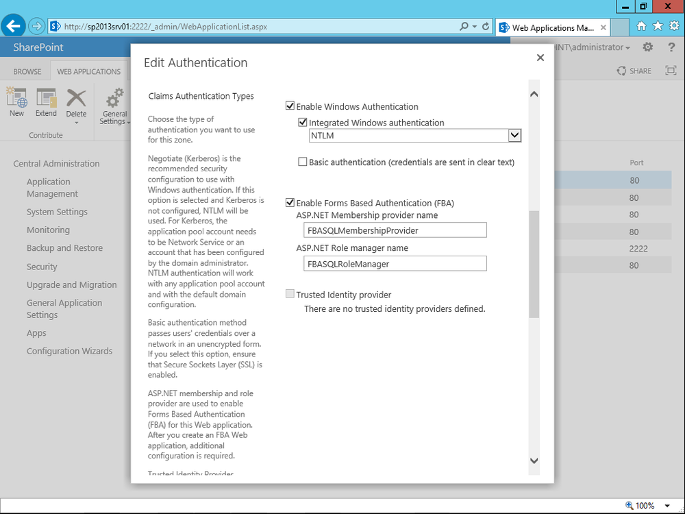 A screen shot of the UI for configuring an FBA provider for membership and role. It includes a couple of text fields for providing the membership provider and the role provider.