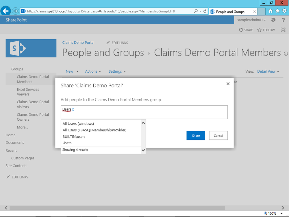 A screen shot showing how SharePoint searches for groups and roles in FBA and Windows when both are configured. A drop-down list of the search results for the group or role with the name Users displays four results: a role from FBA and three groups from Windows/Active Directory.