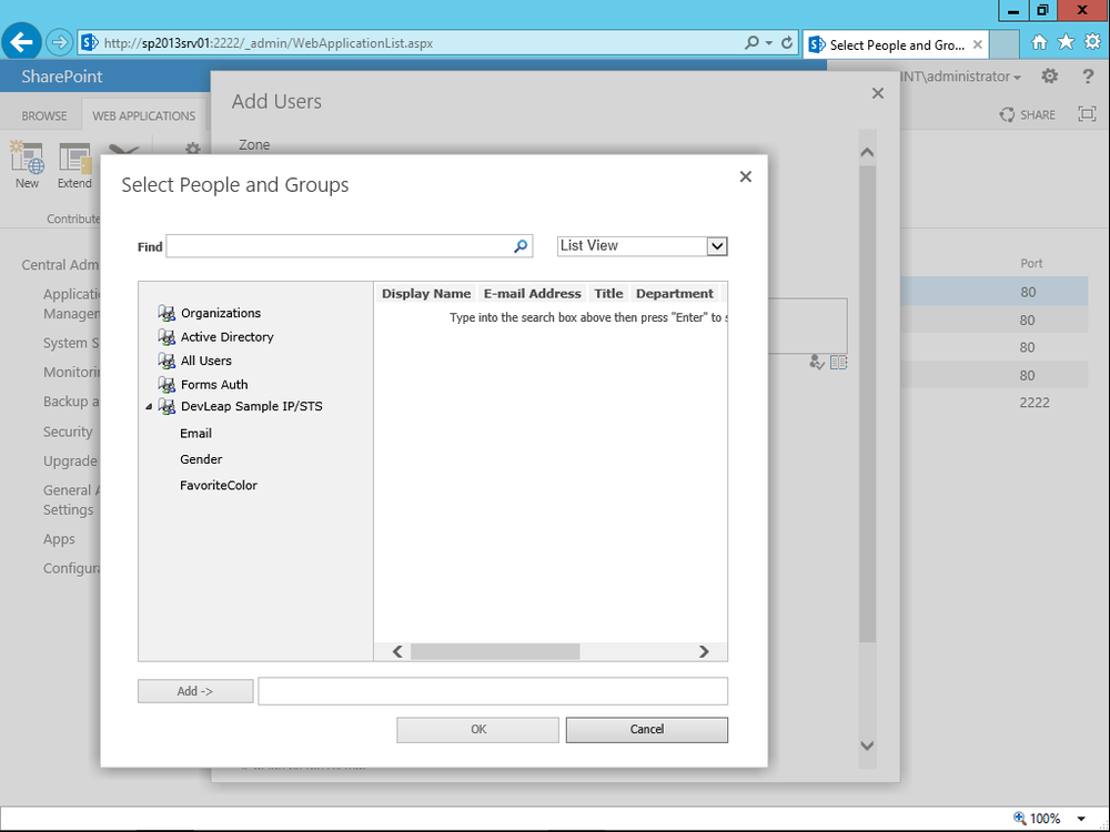 A screen shot illustrating the UI of the standard PeoplePicker control dialog box, during a search for users or roles. The dialog box allows you to select people or groups based on the authentication provider, within the set of authentication providers configured for the current web application. Moreover, the IP/STS authentication provider allows you to search people or groups based on specific claim values.