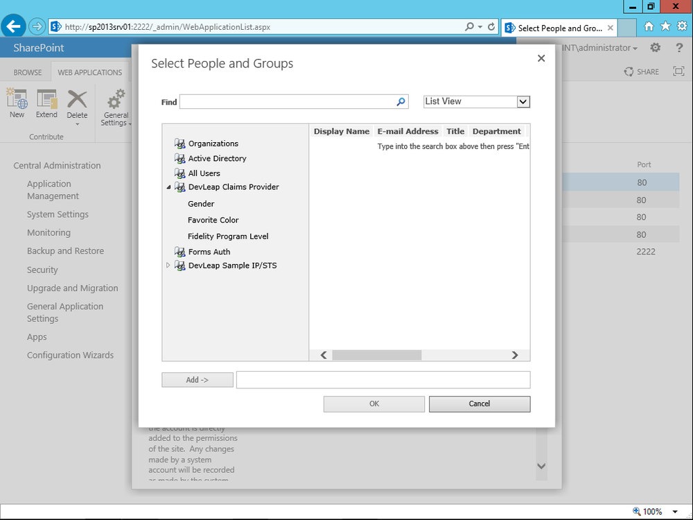 A screen shot illustrating the Select People And Groups dialog box. In the left hierarchy is a new node related to the custom claims provider, with the three claims defined (Gender, Favorite Color, and Fidelity Program Level).