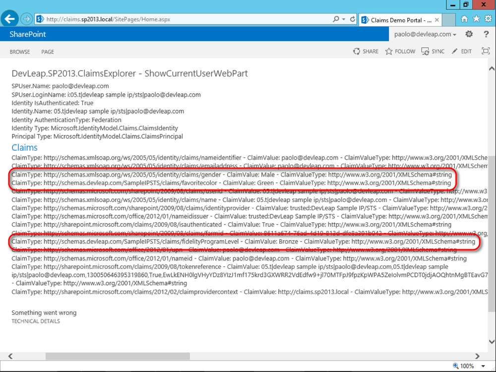 A screen shot showing the list of claims assigned to a currently logged-in user. Outlined in red are the Gender and Favorite Color claims, as well as the augmented Fidelity Program Level claim.