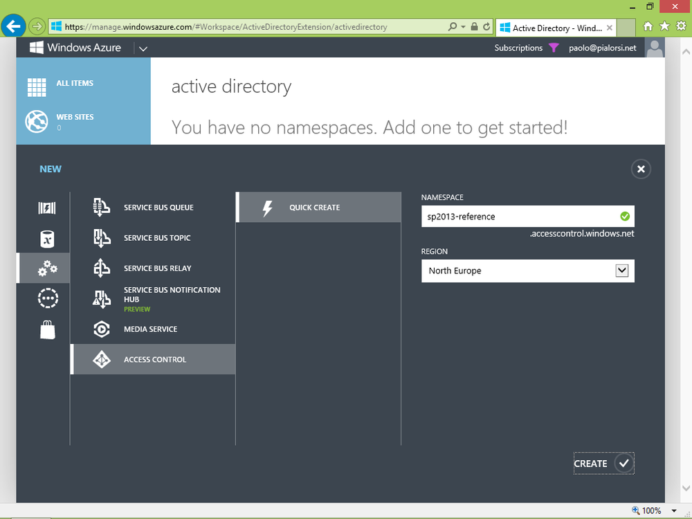 A screen shot showing the interface for creating a new Windows Azure ACS namespace. It includes a text box to provide a name for the namespace and a drop-down control to select the region where you want to create the service instance.