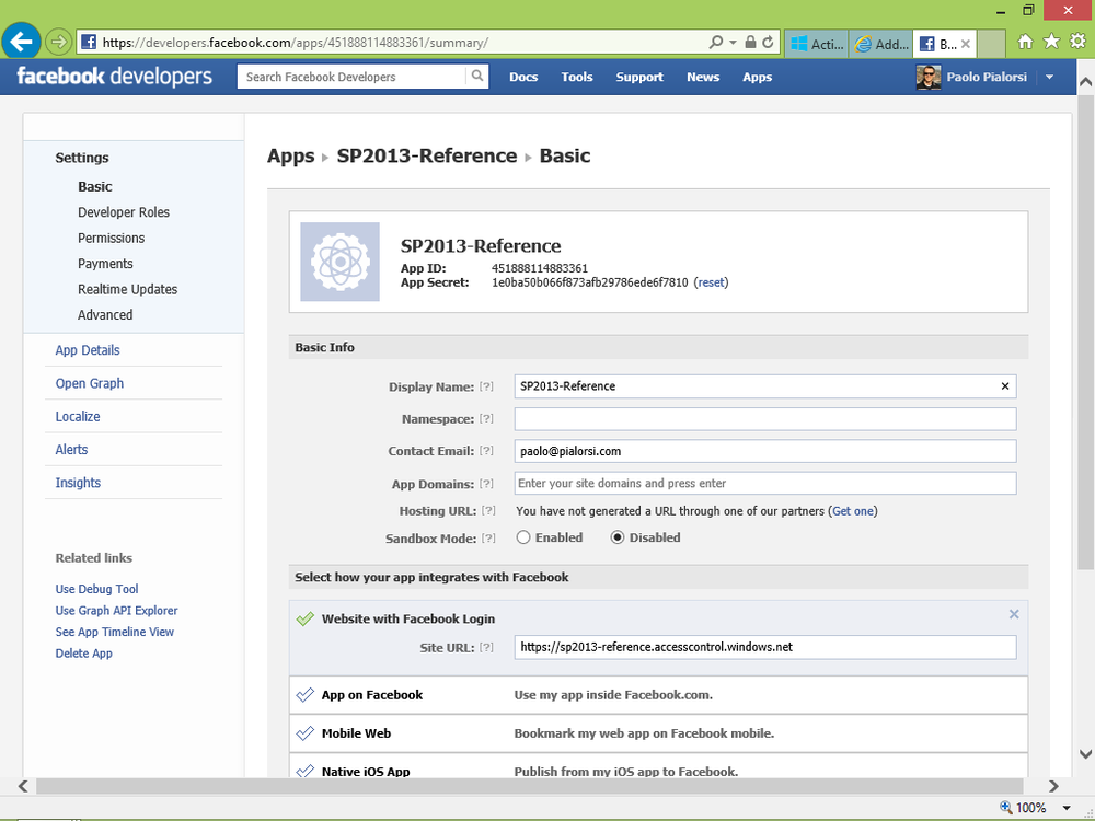 A screen shot showing the page for managing the configuration of a Facebook app. Among the many configurable fields are fields for the app ID, app secret, and site URL of the app, which will be useful to configure the Windows Azure ACS integration.