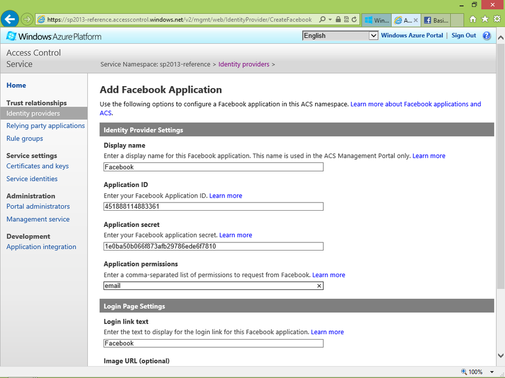 A screen shot illustrating the page for creating a new IP based on Facebook. It includes text fields for configuring the display name of the IP, the application ID, the application secret, the permissions, and some other graphical information, such as a name and a picture to use for presenting the IP to the end users.