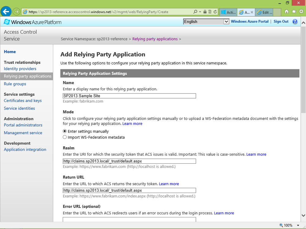 A screen shot showing the page for adding a new relying party to Windows Azure ACS. It includes fields for configuring the name, the configuration mode, the realm, the return URL, and other parameters of the target relying party.