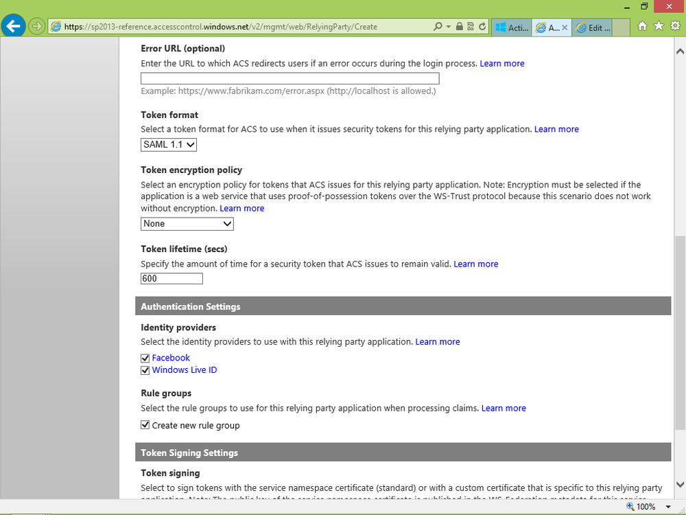 A screen shot depicting the second part of the page for creating a new relying party. It includes fields to configure the SAML token format, as well as the IPs that will be available while authenticating users for that specific relying party.