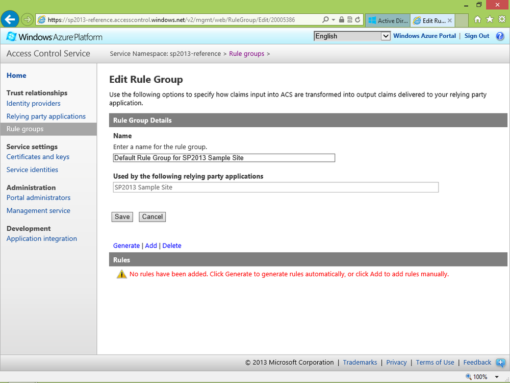 A screen shot presenting the page for creating new rules to apply on claims in Windows Azure ACS. It includes a few links and buttons for automatically generating rules and manually creating explicit rules.