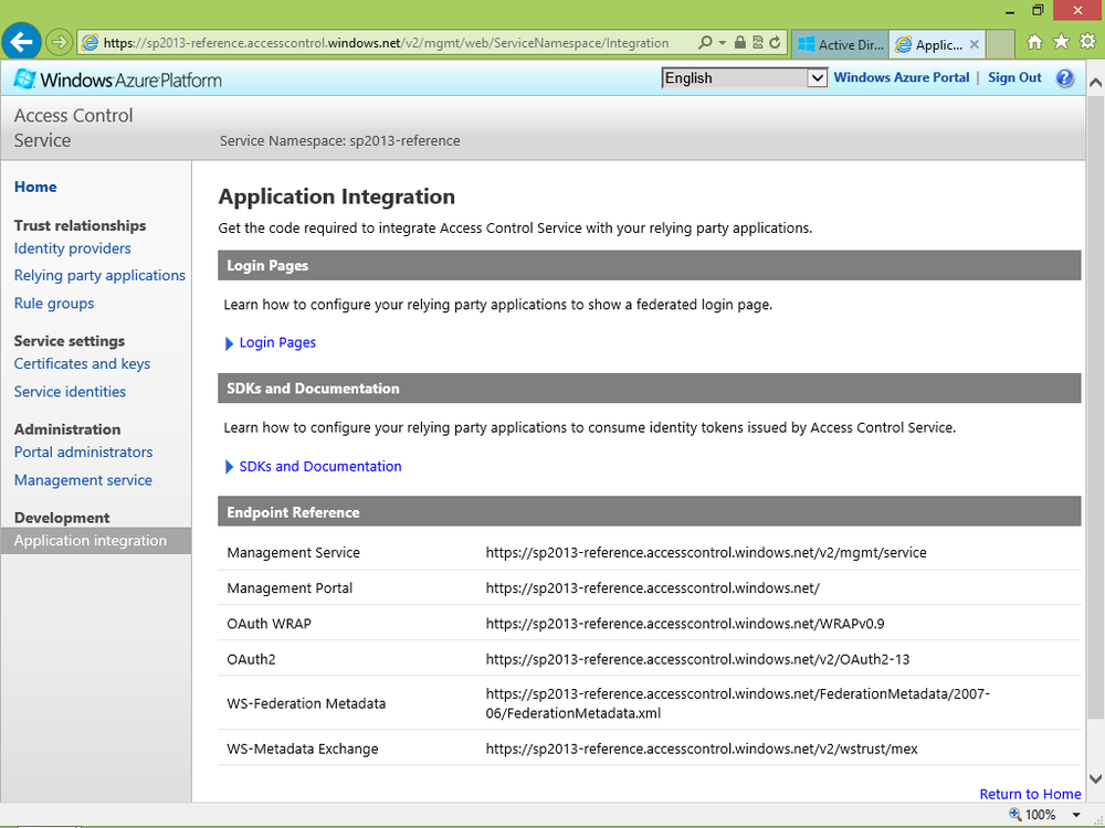 A screen shot illustrating the Application Integration page. The page provides a list of all the available URLs for federating with ACS, either using OAuth WRAP (Web Resource Authorization Protocol), OAuth 2.0, or WS-Federation. It also provides URLs for managing ACS from external systems.