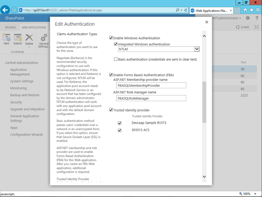 A screen shot showing the page for registering one or more trusted IPs for a target web application. The page lists all the available authentication methods as well as the trusted IPs.