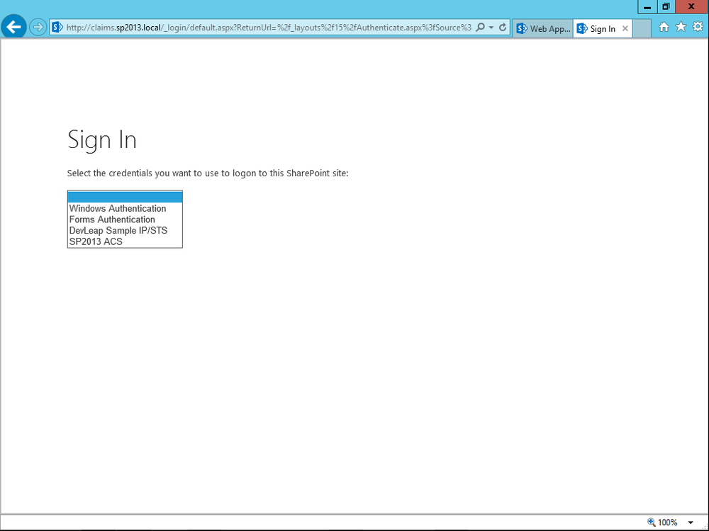 A screen shot illustrating the page for selecting the authentication method for accessing a target web application. It includes all the options previously configured: Windows Authentication, Forms Authentication, the custom DevLeap Sample IP/STS, and SP2013 ACS (for Windows Azure ACS).