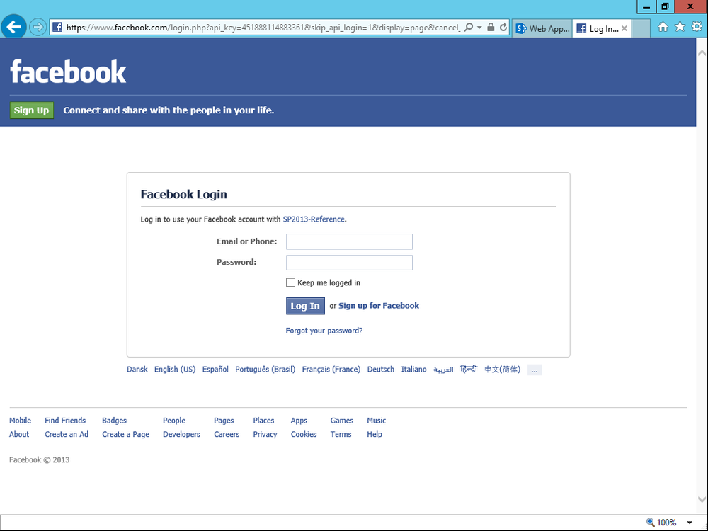 A screen shot illustrating the login page of Facebook. The page provides the classic fields for authenticating using email/phone and password. The page also provides information about the target Facebook app that is requesting the user’s authentication.