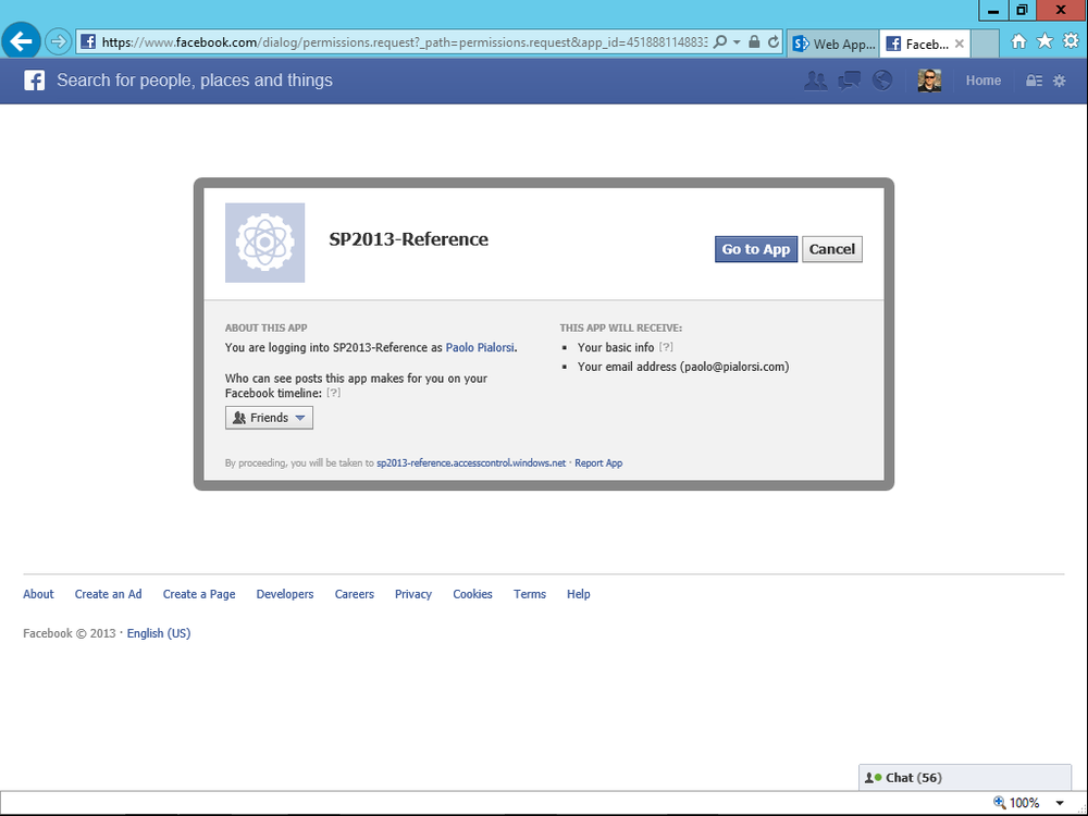 A screen shot showing the Facebook page that requests authorization to provide the user’s information to the target Facebook app. The page illustrates the information that will be provided to the target app, which is ACS.