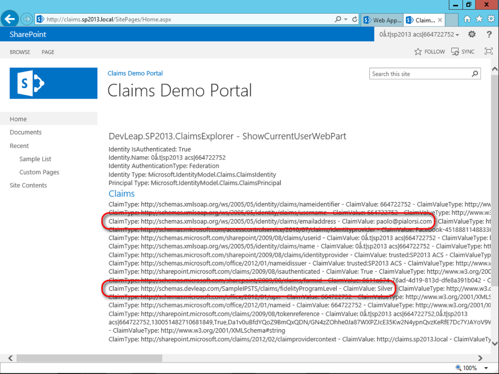 A screen shot illustrating the home page of the target web application used for authenticating via ACS and Facebook. It includes a custom web part showing all the claims available in the current user’s identity.