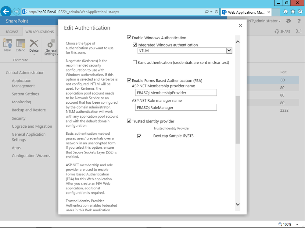 A screen shot showing the Edit Authentication page for configuring the type of authentication you want to support with a web application. It includes options for choosing Windows Authentication, Forms-Based Authentication (FBA), and federating with trusted IPs.