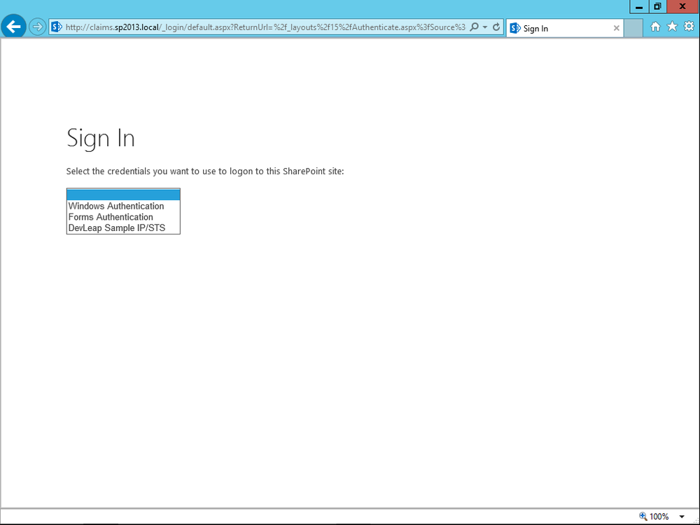 A screen shot showing the default authentication page presented to the end users while logging on to a site in a web application supporting multiple authentication methods. There is a drop-down list for choosing the target authentication method. In the current sample, the available options are Windows Authentication, Forms Authentication, and DevLeap Sample IP/STS.