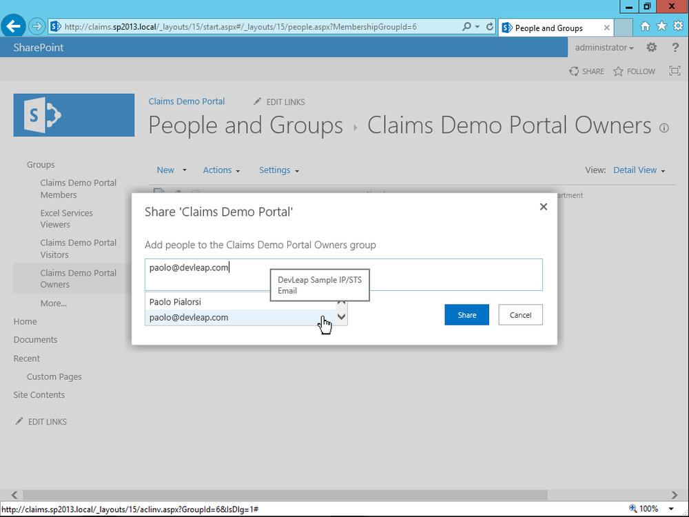 A screen shot showing the page for adding people and groups to SharePoint. The window provides IntelliSense support for looking through the available claims.