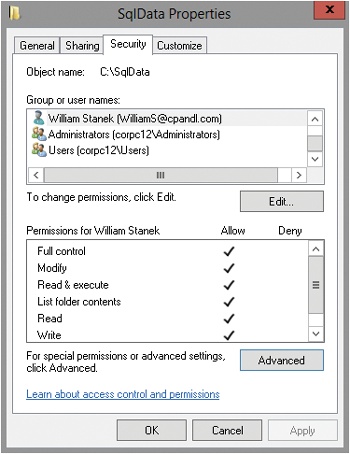 The Security tab shows the currently assigned basic permissions.