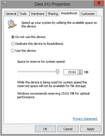 Configure Windows ReadyBoost settings.